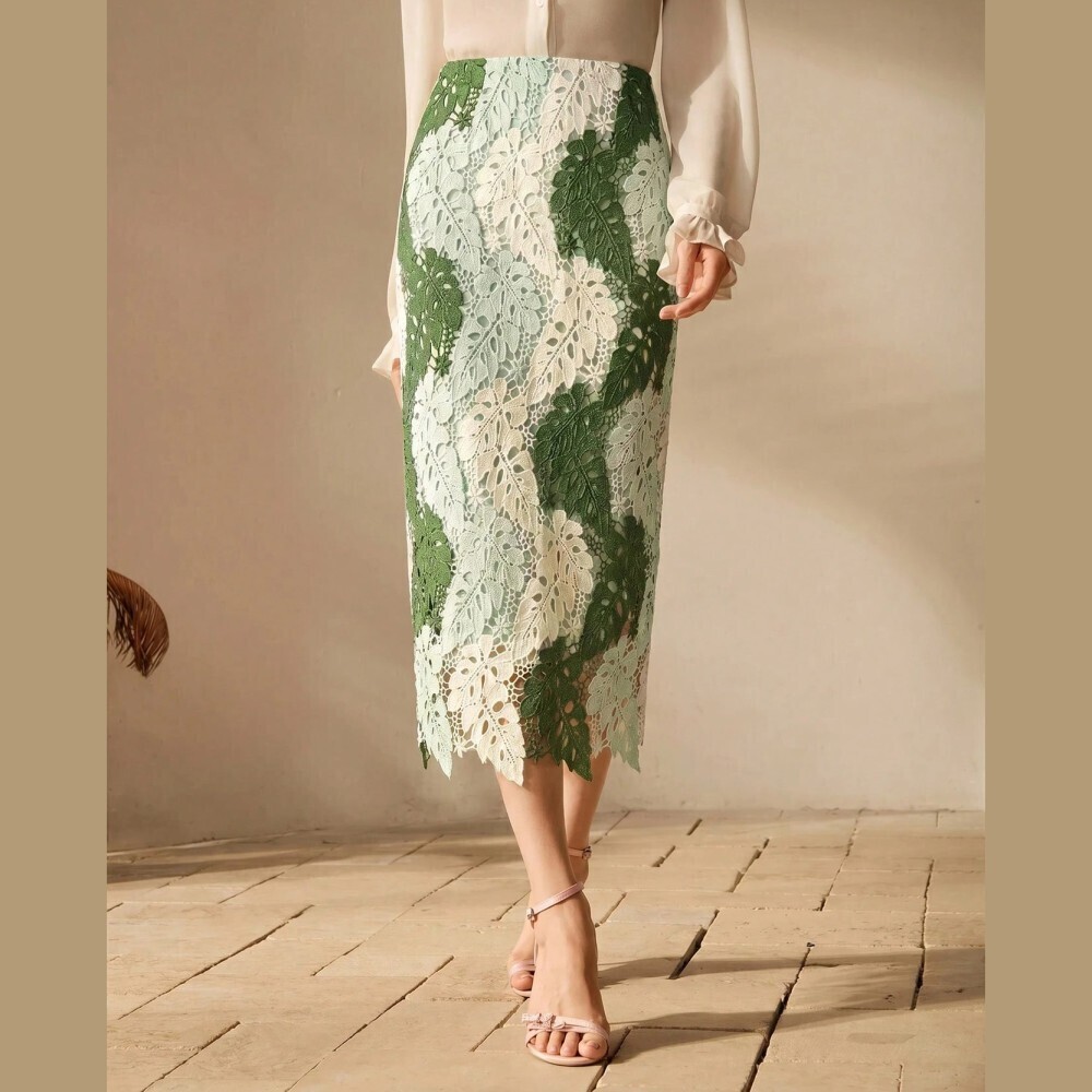 Green & White Lace Midi Skirt - Picture 1 of 7